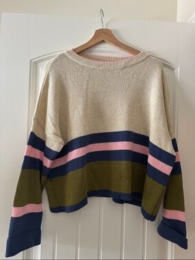 Cream Crewneck Sweater with Navy, Pink & Olive Stripes